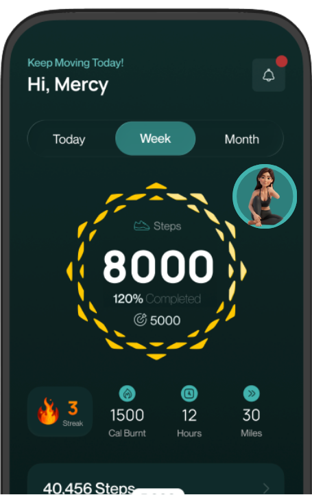 Phone screen displaying a fitness app with step count and progress.